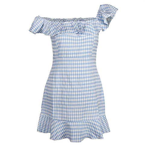 Sonicelife Harajuku Coquette Aesthetic Fashion Blue Gingham Off Shoulder Dress