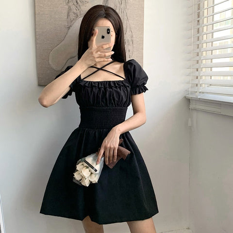 Sonicelife Harajuku Kawaii Fashion Korean Style Lantern Sleeve Black Dress