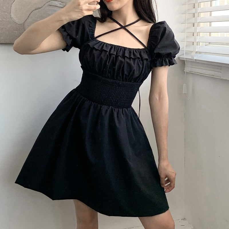 Sonicelife Harajuku Kawaii Fashion Korean Style Lantern Sleeve Black Dress