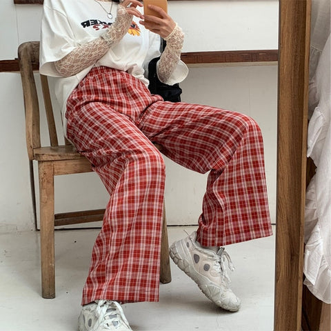 Sonicelife Harajuku Plaid Pants Women Oversize Wide Leg Trousers Female Korean Style High Waist Checkered Pajama 2023 Spring Summer