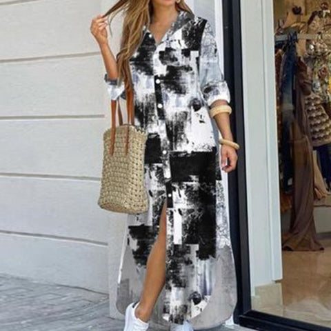 Sonicelife Fashion Women Long Sleeve Shirt Dress Autumn  Printed OL Long Dresses Laides Turn-down Collar Loose Sundress Party Dresses