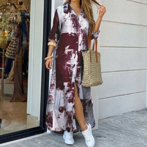 Sonicelife Fashion Women Long Sleeve Shirt Dress Autumn  Printed OL Long Dresses Laides Turn-down Collar Loose Sundress Party Dresses
