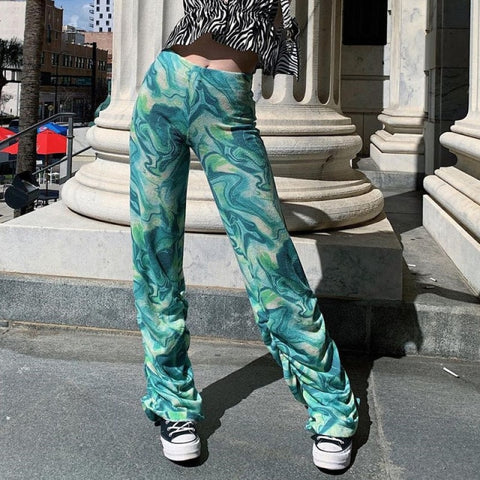 Stacked Pants Wide Leg Green Tie Dye Y2K Fashion Outfits Sweatpants Women Printed Flat Vintage High Waist Woman Trousers Summer