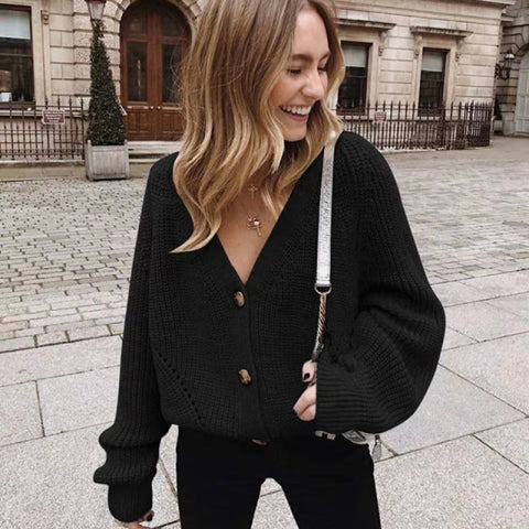 Women Knitted Cardigans Sweater Fashion Autumn Long Sleeve Loose Coat Casual Button Thick V Neck Solid Female Tops 2023