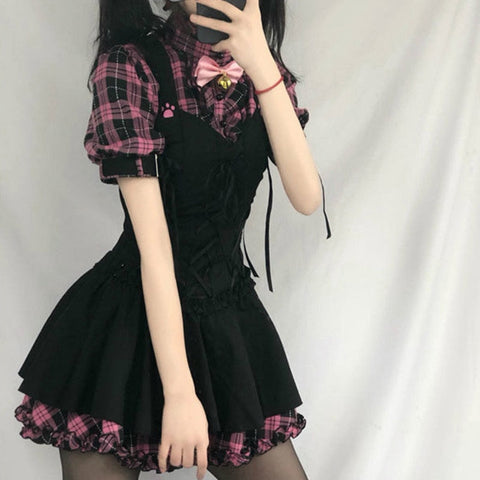 Sonicelife Harajuku Kawaii Fashion Gothic Pink Plaid Black Dress