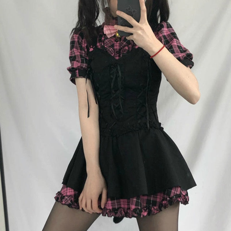 Sonicelife Harajuku Kawaii Fashion Gothic Pink Plaid Black Dress