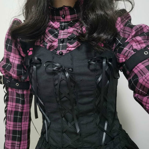 Sonicelife Harajuku Kawaii Fashion Gothic Pink Plaid Black Dress