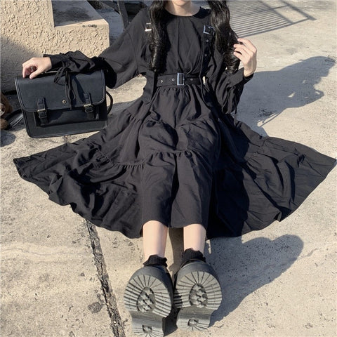 Sonicelife QWEEK Gothic Style Dress Women Harajuku Gothic Lolita Kawaii Dress Punk Cute Long Sleeve Black Midi Dress 2024 Emo Mall Goth