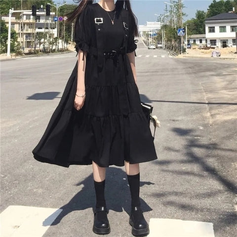 Sonicelife QWEEK Gothic Style Dress Women Harajuku Gothic Lolita Kawaii Dress Punk Cute Long Sleeve Black Midi Dress 2024 Emo Mall Goth