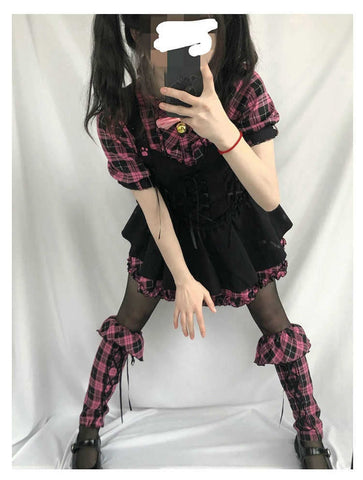 Sonicelife Harajuku Kawaii Fashion Gothic Pink Plaid Black Dress