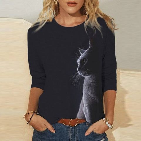 Summer Autumn Oversized Casual Women's Clothing Funny Cat 3D Print Long Sleeve T-Shirts Ladies Fashion Tops Vintage Tee Shirt