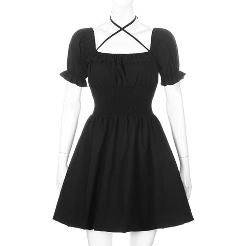 Sonicelife Harajuku Kawaii Fashion Korean Style Lantern Sleeve Black Dress