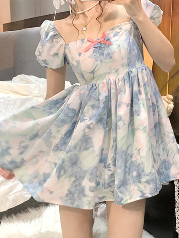 Sonicelife Harajuku Kawaii Fashion Fairycore Watercolor Print Babydoll Dress