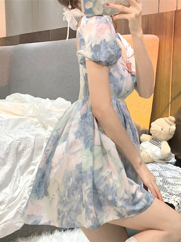 Sonicelife Harajuku Kawaii Fashion Fairycore Watercolor Print Babydoll Dress