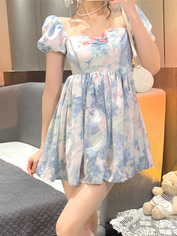 Sonicelife Harajuku Kawaii Fashion Fairycore Watercolor Print Babydoll Dress