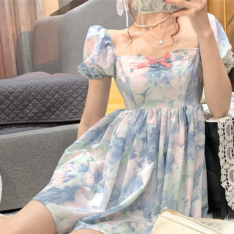 Sonicelife Harajuku Kawaii Fashion Fairycore Watercolor Print Babydoll Dress