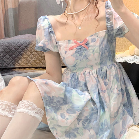 Sonicelife Harajuku Kawaii Fashion Fairycore Watercolor Print Babydoll Dress