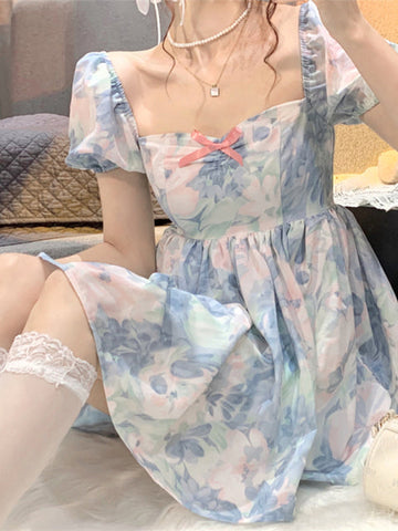 Sonicelife Harajuku Kawaii Fashion Fairycore Watercolor Print Babydoll Dress