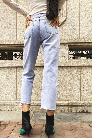 Sonicelife Woman jeans  Vintage Frayed Hem Straight Jeans
