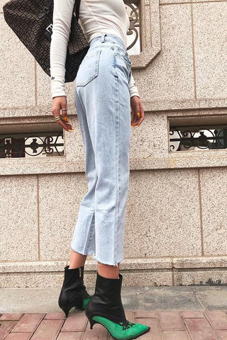 Sonicelife Woman jeans  Vintage Frayed Hem Straight Jeans