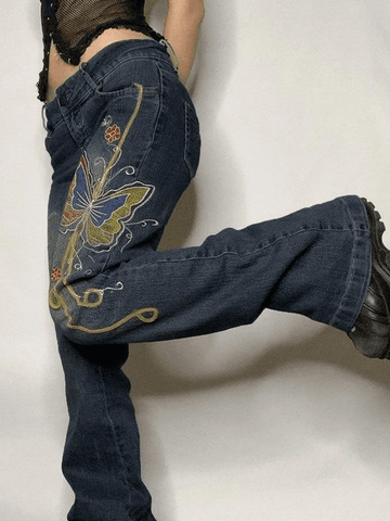 Sonicelife 2024 New Fashion Woman Bottom Elegant Vintage Washed Butterfly Flare Jeans