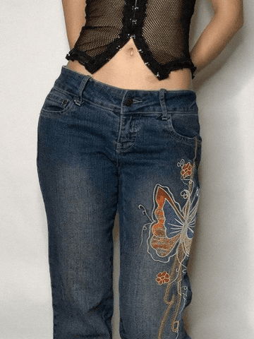 Sonicelife 2024 New Fashion Woman Bottom Elegant Vintage Washed Butterfly Flare Jeans