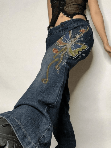 Sonicelife 2024 New Fashion Woman Bottom Elegant Vintage Washed Butterfly Flare Jeans