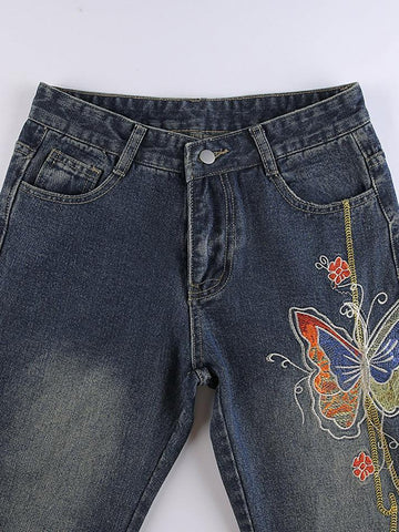 Sonicelife 2024 New Fashion Woman Bottom Elegant Vintage Washed Butterfly Flare Jeans