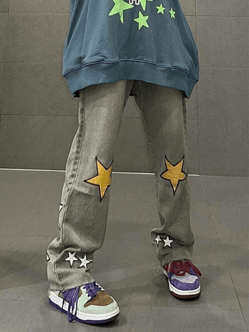 Sonicelife 2024 New Fashion Woman Bottom Elegant Washed Star Patched Boyfriend Jeans