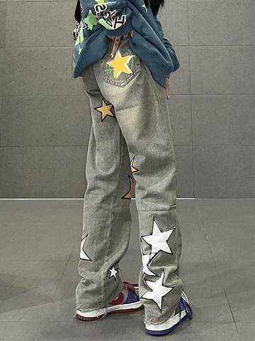 Sonicelife 2024 New Fashion Woman Bottom Elegant Washed Star Patched Boyfriend Jeans